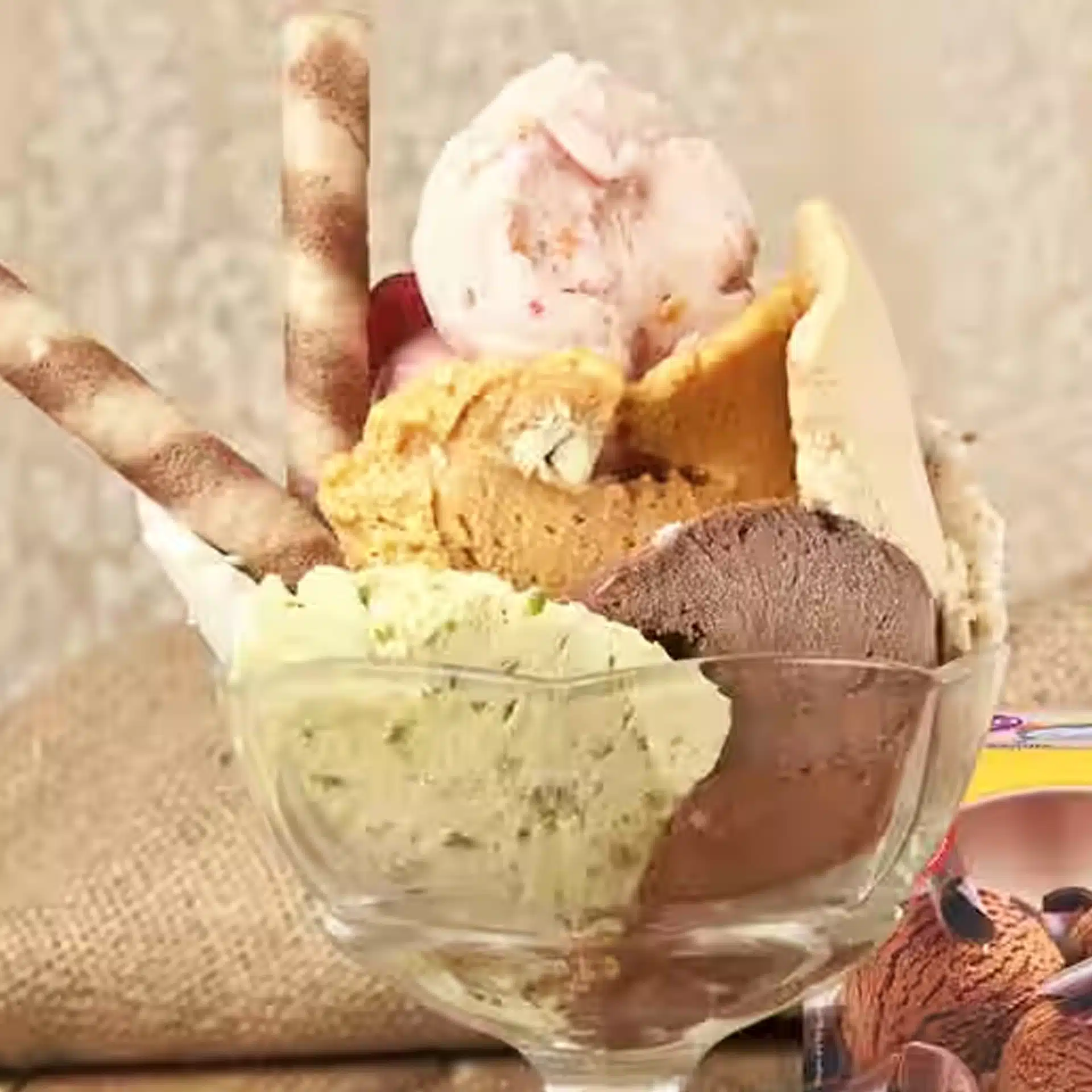A glass bowl filled with five scoops of different flavored ice cream, two rolled wafer cookies, and a triangular wafer, set against a neutral background.