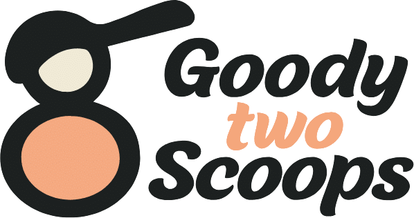Logo for "Goody Two Scoops" featuring two ice cream scoops, one white and one peach, stacked to form a stylized number 8 with text beside it. The word "two" is highlighted in peach color.